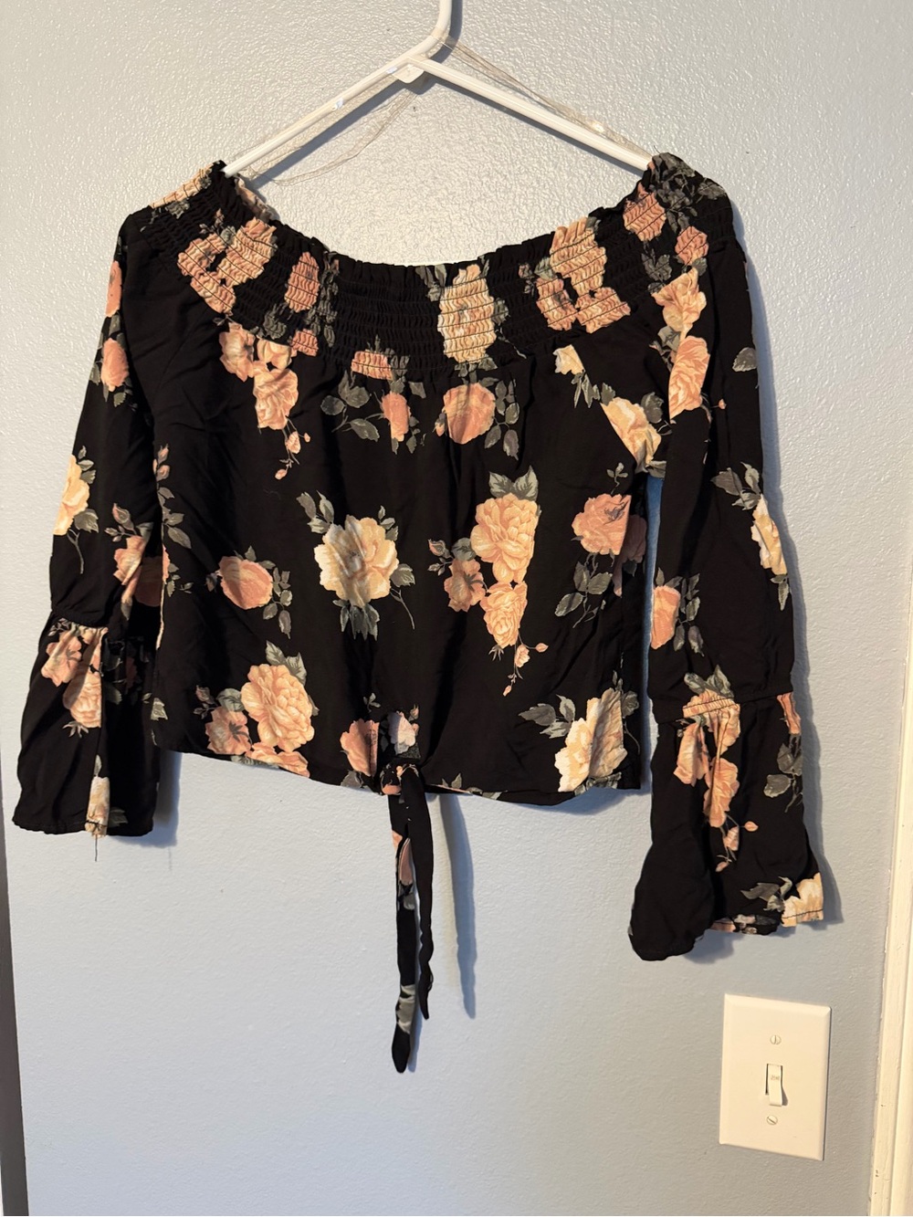 Heart Hips Black Off-Shoulder Floral Tie-Front Blouse